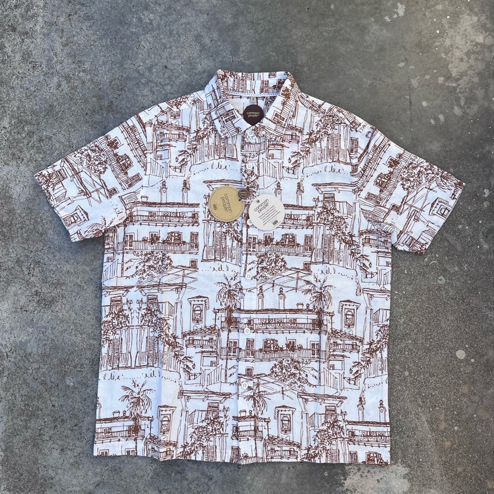Common People Brown White Graphic Men's Shirt Small Short Sleeve Button Down